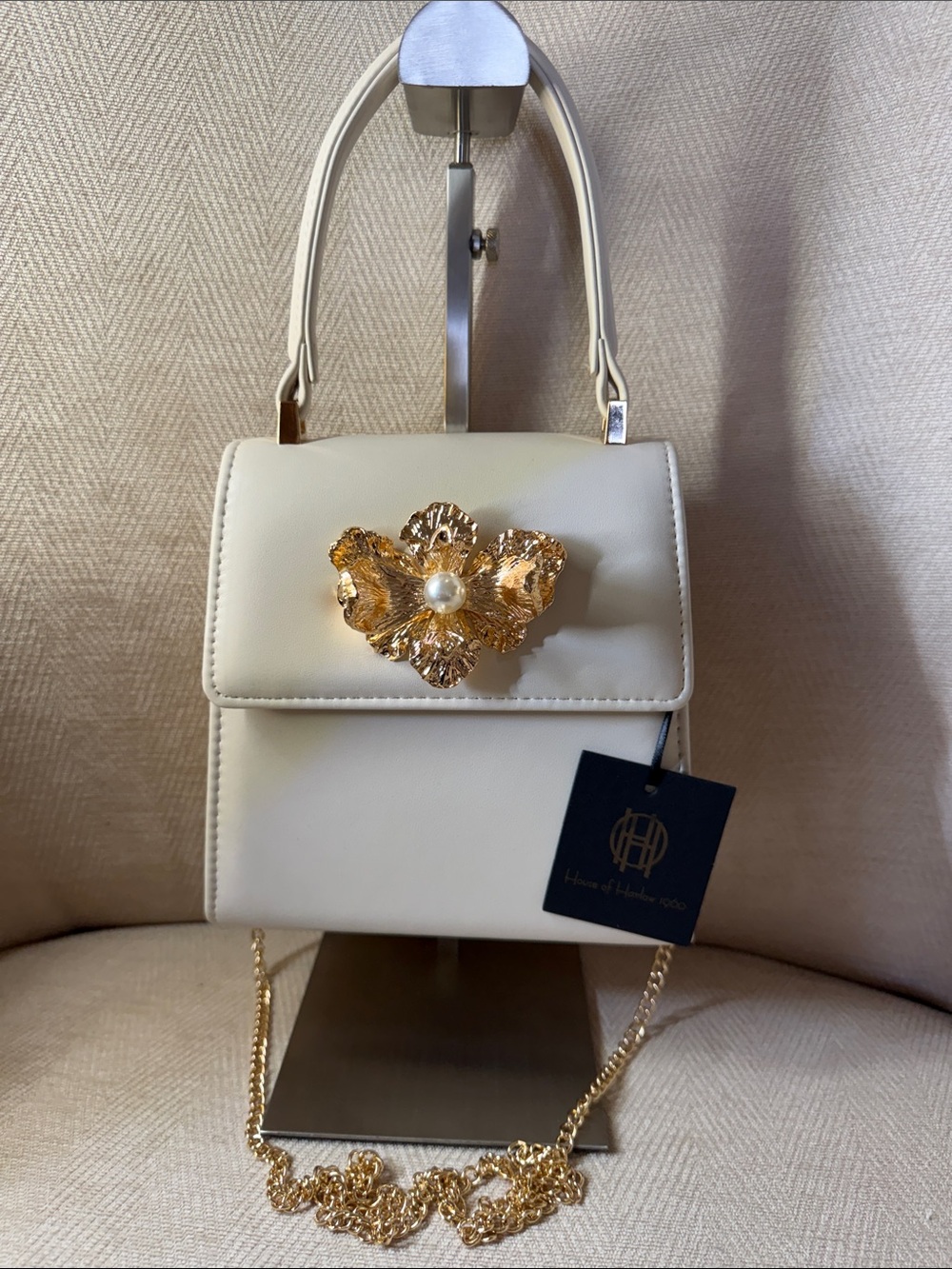 House of Harlow 1960 White Mini Top-Handle Bag with Gold Floral Accent